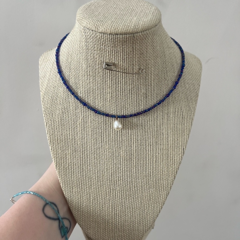 #57. Handmade Blue Beaded Choker Necklace with Pearl Drop